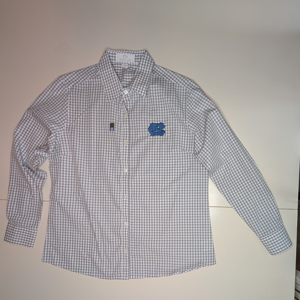 Vantage UNC Tar Heels Womens Check Button Down‎ Long Sleeve Shirt Gray Large